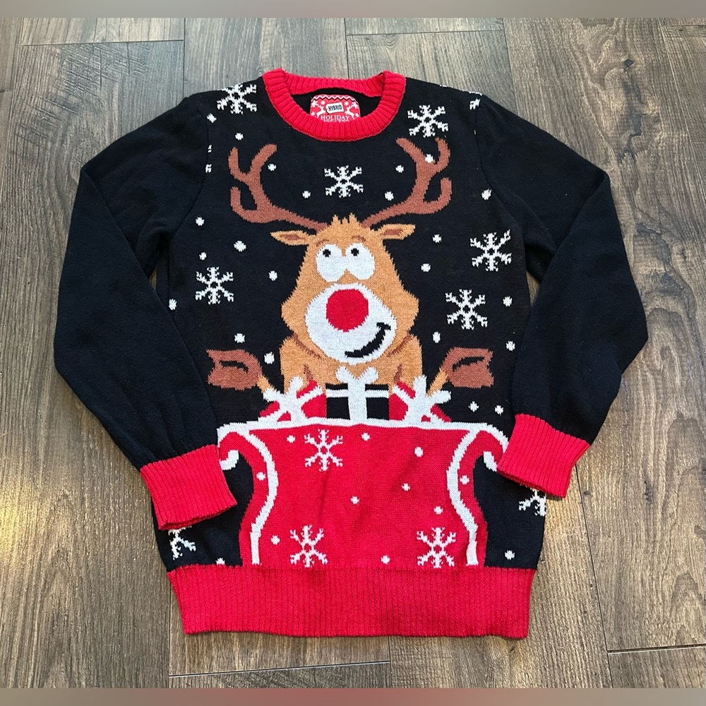 GUC Hybrid Unisex Kid's Red Black Reindeer Christmas Holiday Ugly Sweater M 8/10